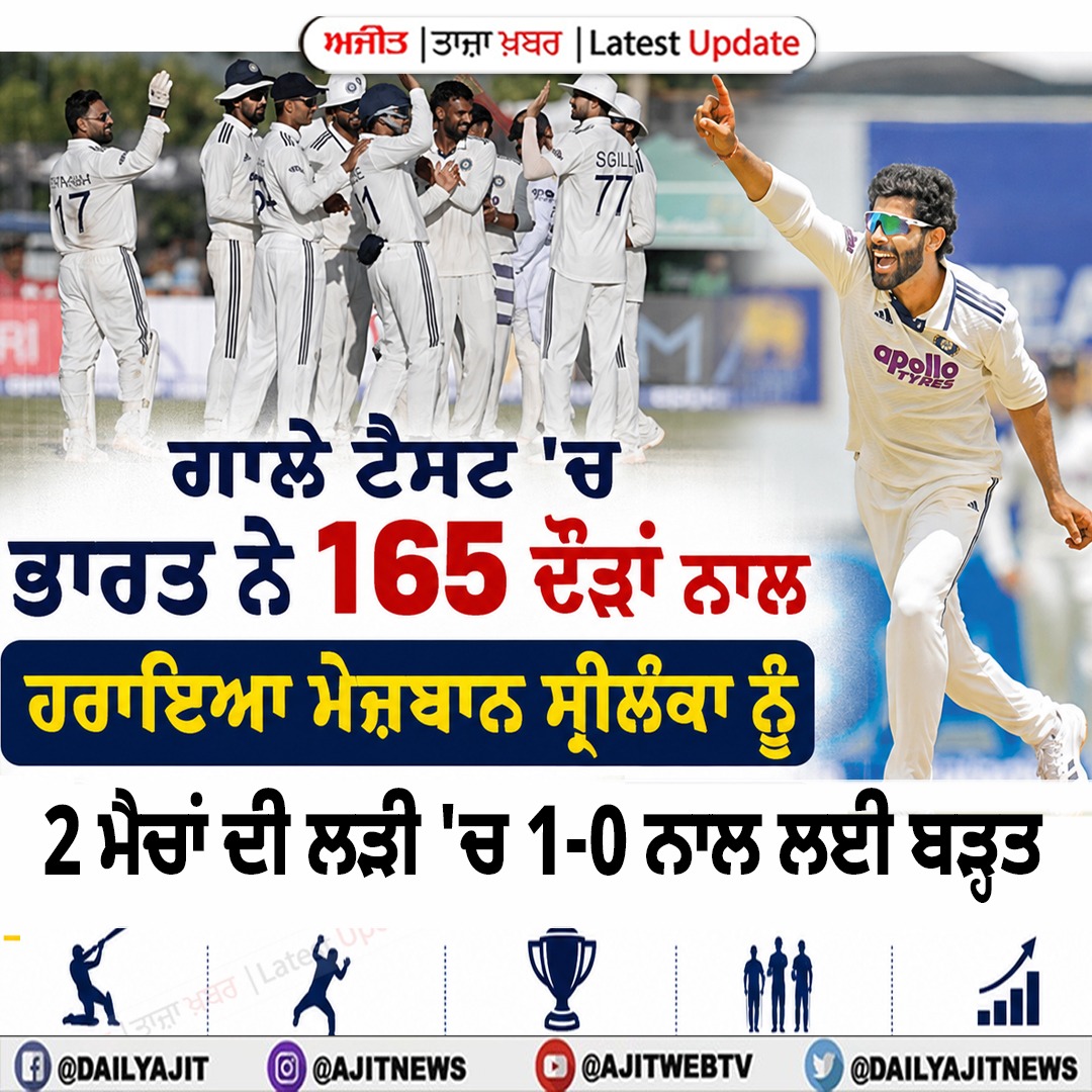 ਗਾਲੇ ਟੈਸਟ 'ਚ ਭਾਰਤ ਨੇ 165 ਦੌੜਾਂ ਨਾਲ ਹਰਾਇਆ ਮੇਜ਼ਬਾਨ ਸ੍ਰੀਲੰਕਾ ਨੂੰ