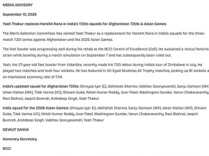 ਅਫ਼ਗਾਨਿਸਤਾਨ ਖ਼ਿਲਾਫ਼ ਟੀ-20 ਸੀਰੀਜ਼ ਅਤੇ 2026 ਏਸ਼ੀਆਈ ਖੇਡਾਂ ਲਈ ਹਰਸ਼ਿਤ ਰਾਣਾ ਦੀ ਜਗ੍ਹਾ ਯਸ਼ ਠਾਕੁਰ ਭਾਰਤੀ ਟੀਮ 'ਚ ਸ਼ਾਮਲ
