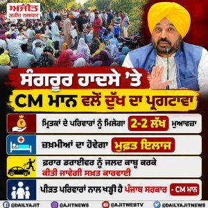 ਮੁੱਖ ਮੰਤਰੀ ਮਾਨ ਵਲੋਂ ਅਲੀਸ਼ੇਰ ਵਿਖੇ ਵਾਪਰੇ ਭਿਆਨਕ ਸੜਕ ਹਾਦਸੇ 'ਤੇ ਦੁੱਖ ਦਾ ਪ੍ਰਗਟਾਵਾ